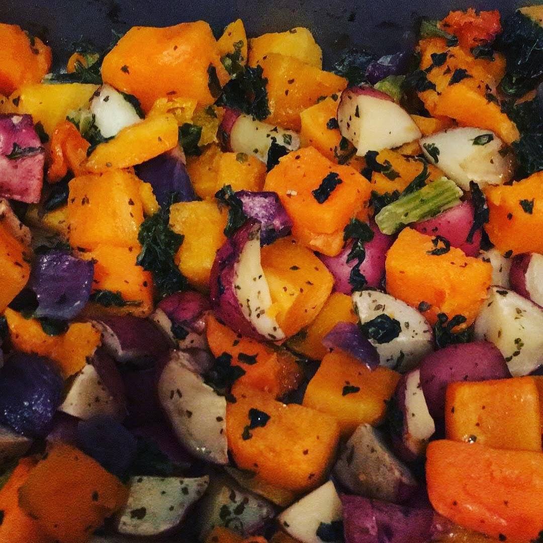 colorful veggies - butternut squash, red potatoes and leafy greens