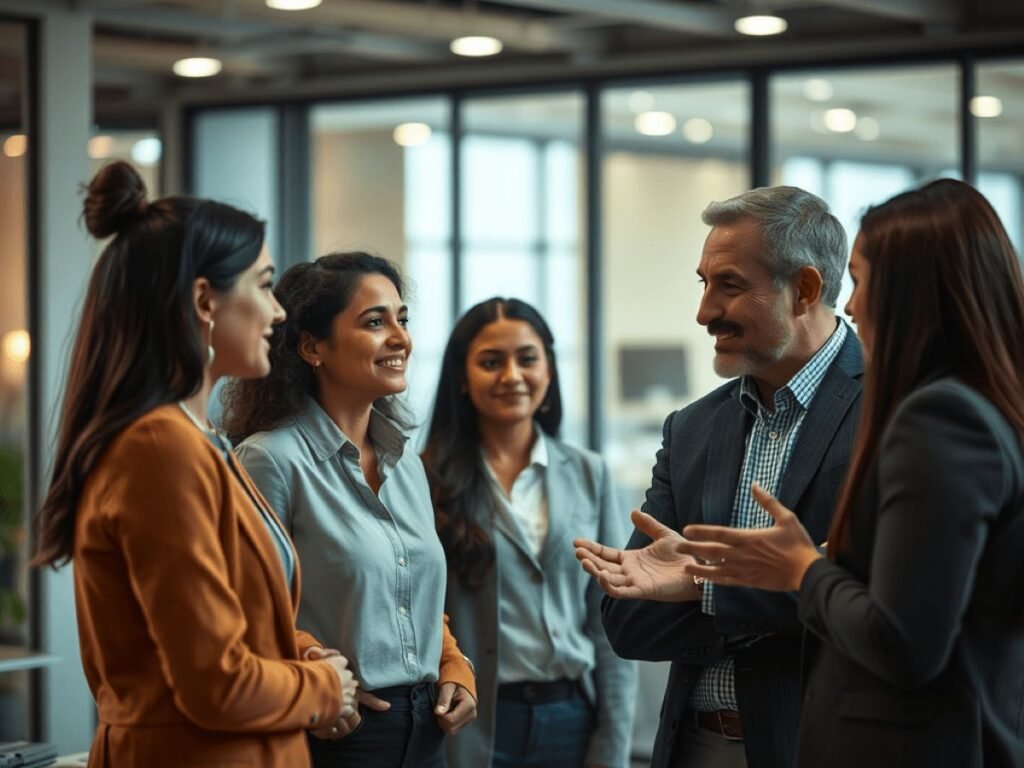 group of people standing at work consulting