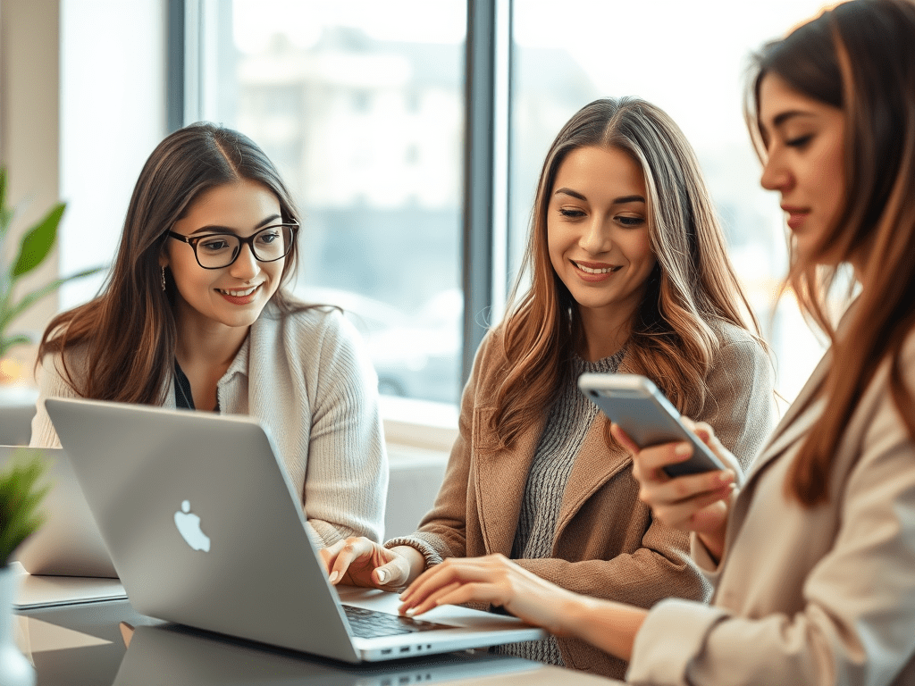 three women using laptops and smarthpones for online dating and job searching