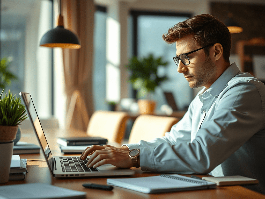 man job searching on a laptop with notebook and pen on table.