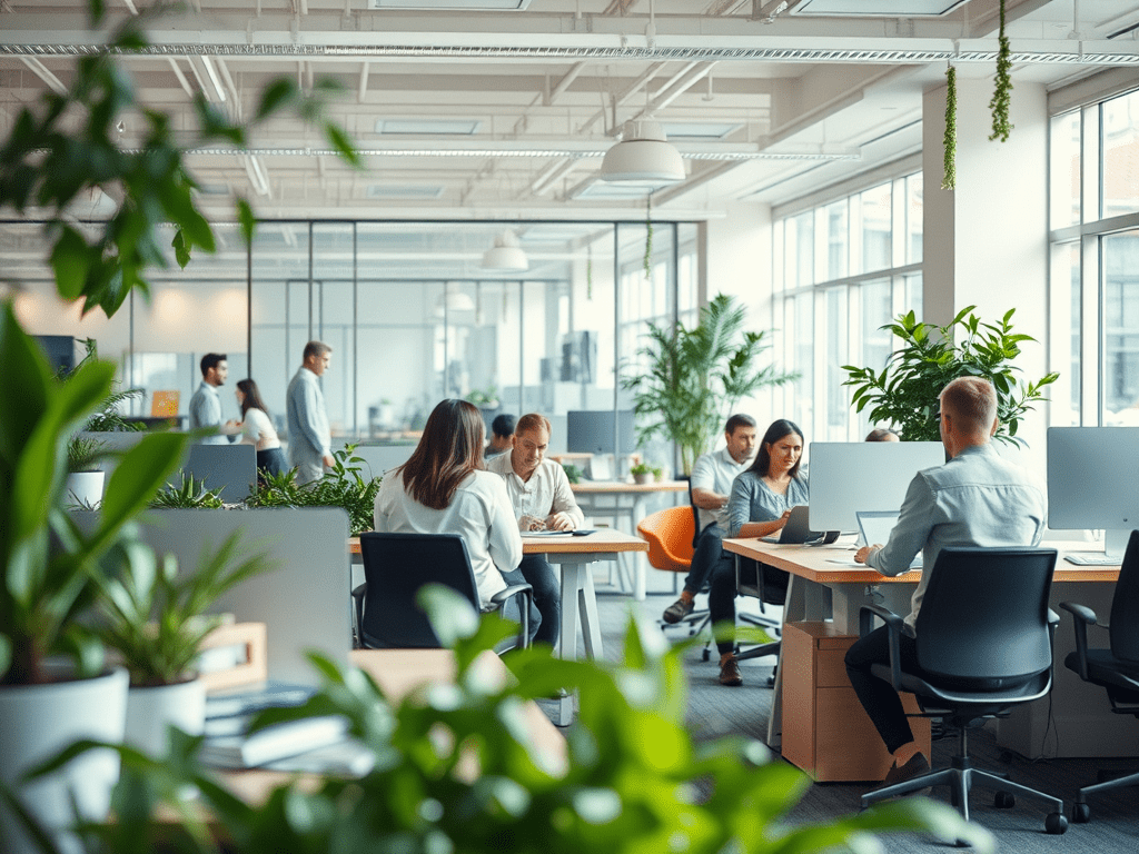 workplace wellness people working in an office with bright lighting and plants.
